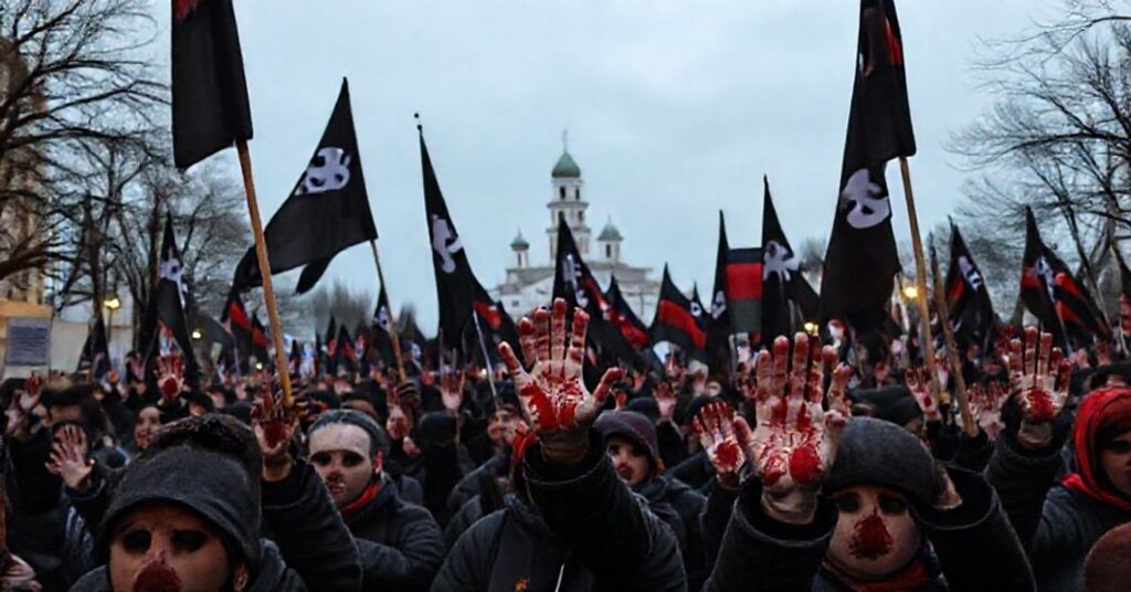 Tłum protestujący w Nowym Sadzie trzymający czarne flagi i odciski krwi bez symboli religijnych.