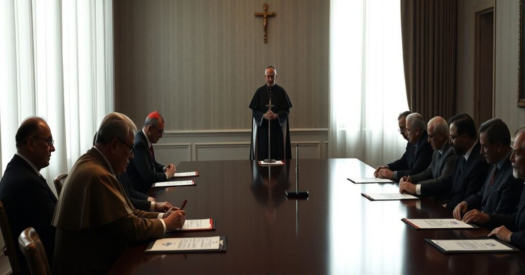 Uroczysty moment podpisania hiszpańskiego protokołu przez Arcybiskupa Luisa Argüello i przedstawicieli rządu w konferencji z obecnością cieniowej postaci papieża Leona XIV.