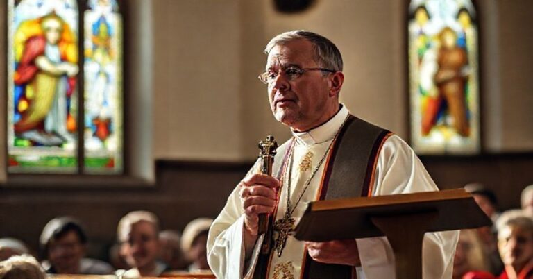 Prymas w tradycyjnych ornatach wygłasza poważną kazanie przed zgromadzeniem w kościele, podkreślając błędy nowoczesnego misjonarstwa.