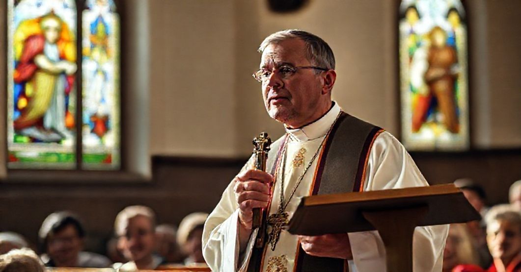 Prymas w tradycyjnych ornatach wygłasza poważną kazanie przed zgromadzeniem w kościele, podkreślając błędy nowoczesnego misjonarstwa.