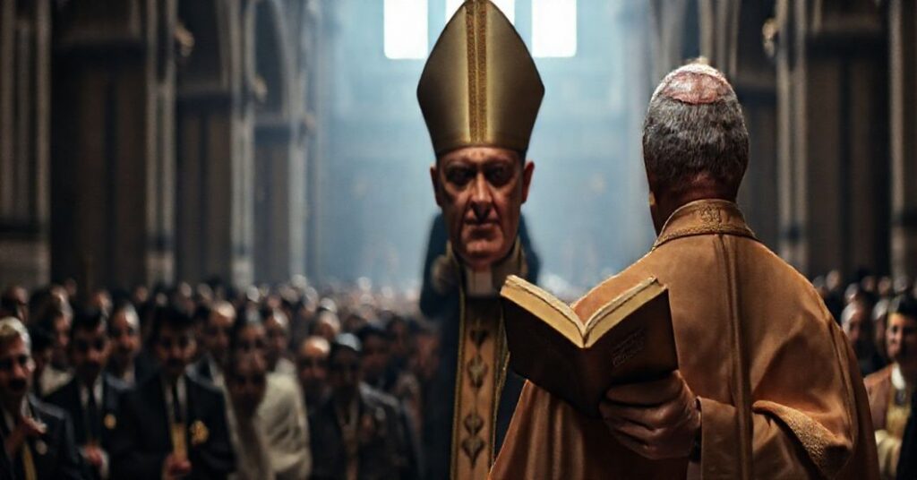Obraz przedstawiający biskupa w tradycyjnych szatach liturgicznych przed tłumem, z subtelnym wizerunkiem wolnomularza w tle. Scena symbolizuje konflikt między tradycją a nowoczesną herezją.