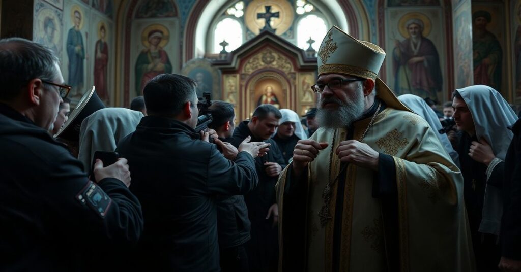 Obraz przedstawiający konflikt między ukraińskimi greckokatolikami a rosyjskimi prawosławnymi w Tokmaku na Ukrainie w Wielkanoc 2026 roku. Wierni są wyrzucani z kościoła św. Piotra i Pawła przez rosyjskich duchownych i paramilitarnych.