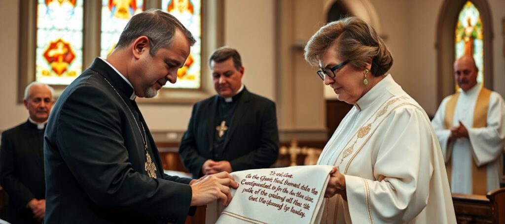 Matka otrzymuje ręcznie haftowany manutergium od swojego nowo wyświęconego syna - księdza w tradycyjnym kościele katolickim.