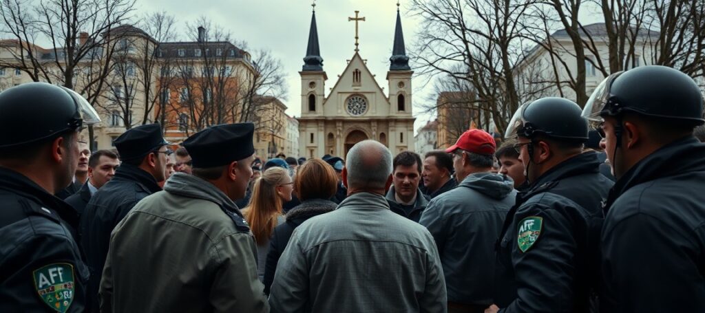 Obraz przedstawiający przemoc polityczną w Niemczech wobec członków AfD na tle zdechrzeszczałego społeczeństwa