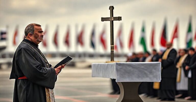 Obraz przedstawiający tradycyjnego kapłana katolickiego stojącego przed fałszywym ołtarzem "Leona XIV" na lotnisku w Bejrucie w 2025 roku. Scena symbolizuje apostazję Kościoła posoborowego.