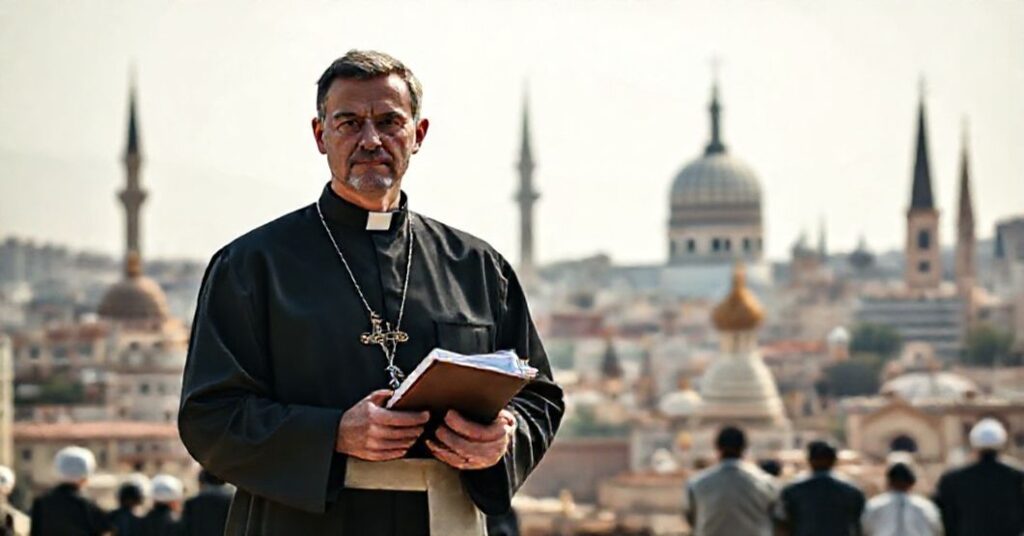 Tradycyjny kapłan w sutannie stoi przed podzielonym widokiem Bejrutu podczas ekumenicznego spotkania z fałszywym papieżem 'Leonem XIV' i liderami muzułmańskimi na pierwszym planie.