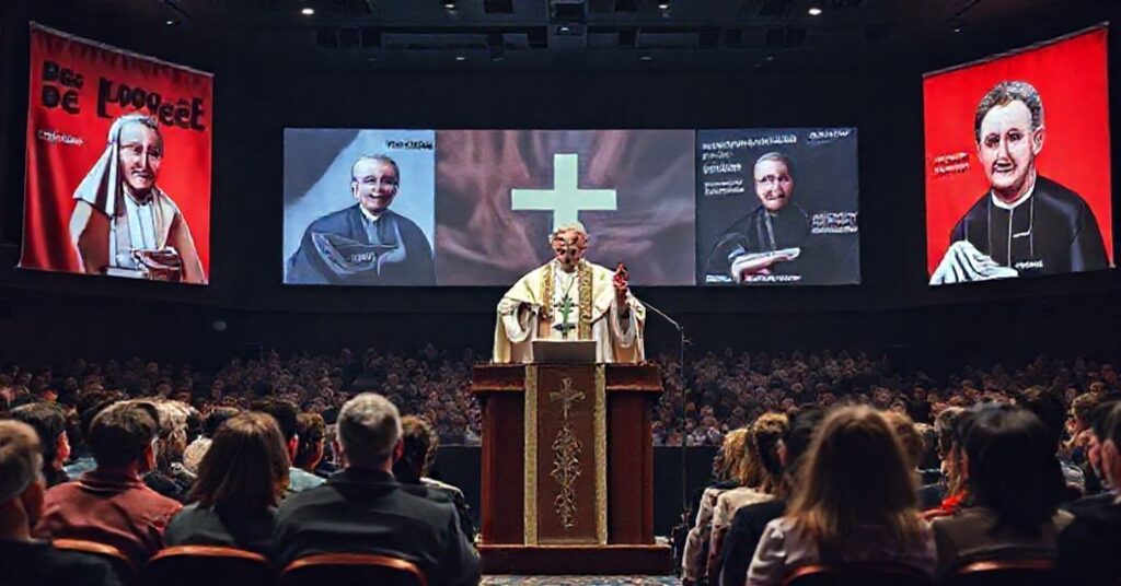 Scena przedstawiająca 'papieża' Leona XIV (Roberta Prevosta) przemawiającego do młodzieży australijskiej w nowoczesnym stylu modernistycznym.