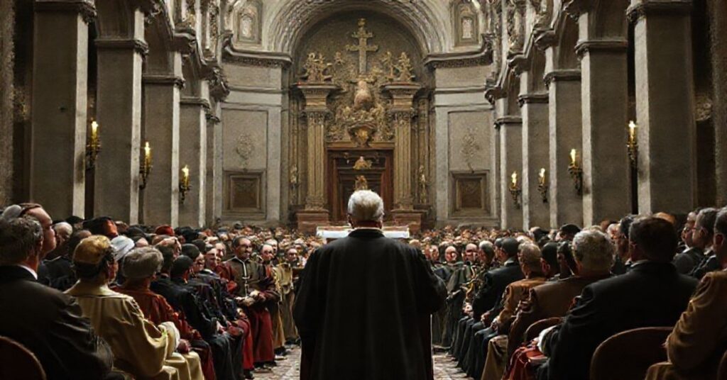 Zdjęcie przedstawia uroczyste przyjęcie w kościele z europejskimi konserwatystami słuchającymi przemówienia rzekomego papieża Leona XIV promującego modernistyczną apostazję.