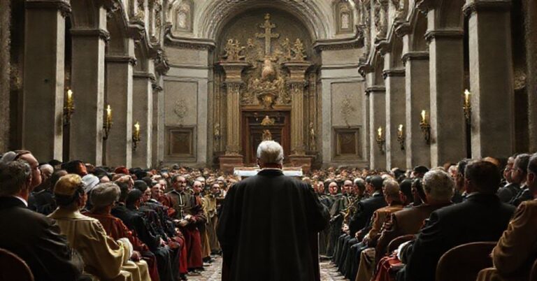 Zdjęcie przedstawia uroczyste przyjęcie w kościele z europejskimi konserwatystami słuchającymi przemówienia rzekomego papieża Leona XIV promującego modernistyczną apostazję.