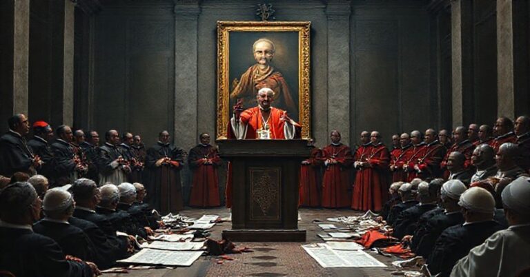 Watykański sal z fałszywym papieżem Leonem XIV podczas przemówienia o herezji Soboru Watykańskiego II