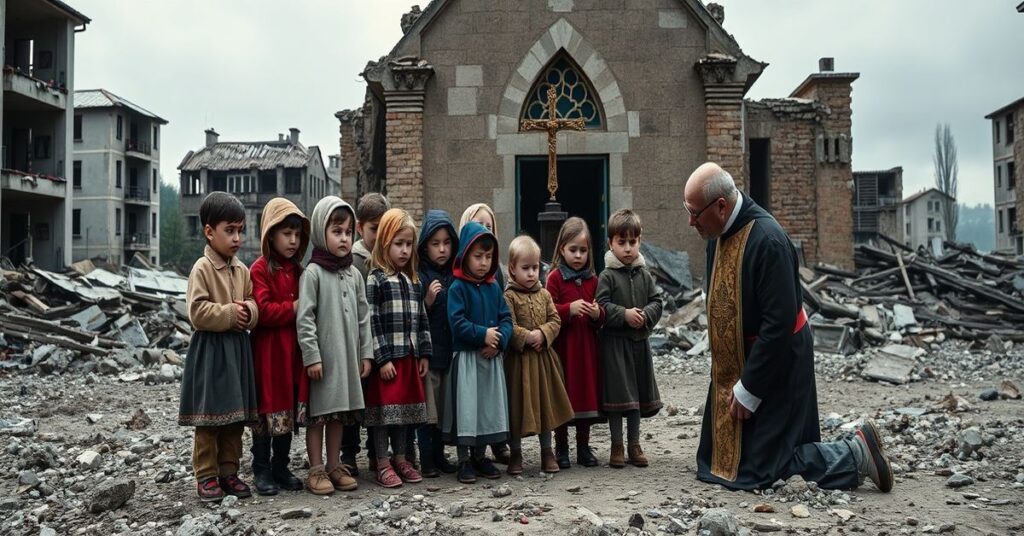 Grupa przesiedlonych ukraińskich dzieci stojących przed zniszczonym kościołem z księdzem modlącym się obok nich.