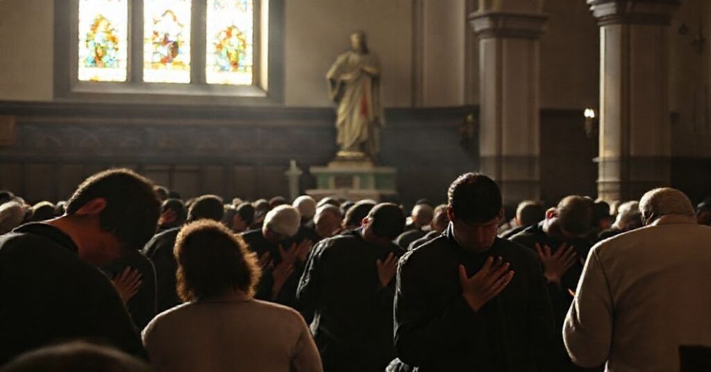 Grupa prześladowanych chrześcijan modląca się w tradycyjnym kościele katolickim przy świetle witraży