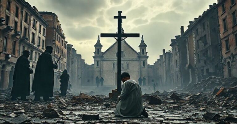Obraz przedstawiający prześladowania chrześcijan w Europie, młody chrześcijanin Ashur Sarnaya modlący się przed krzyżem z ciemnymi postaciami dżihadystów w tle. Scena w ruinach europejskiego miasta i katolickiego kościoła.