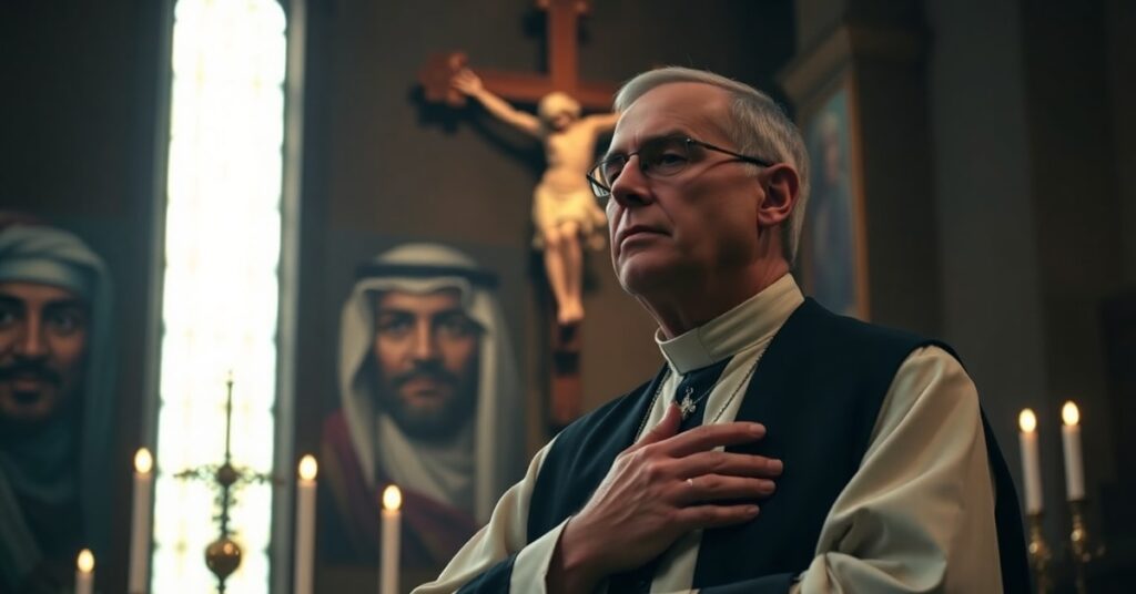 Ksiądz w tradycyjnych szatach modli się przed krzyżem w ciemnym kościele, otoczony wizerunkami prześladowanych chrześcijan z Iranu, Arabii Saudyjskiej i Demokratycznej Republiki Konga.