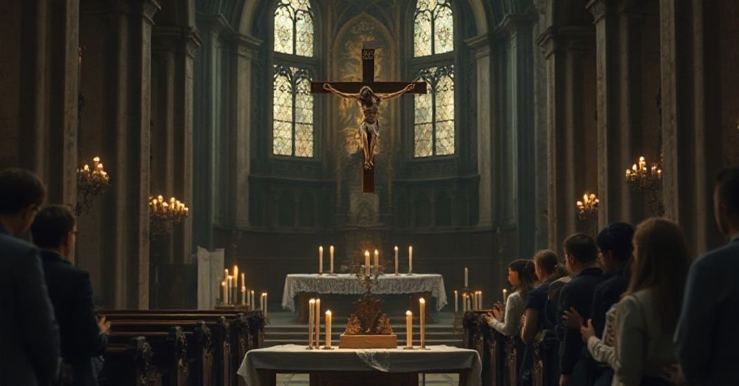 Wnętrze zdewastowanego kościoła w Francji z pękniętym krzyżem na ołtarzu i grupą młodzieży modlących się w ciemności.