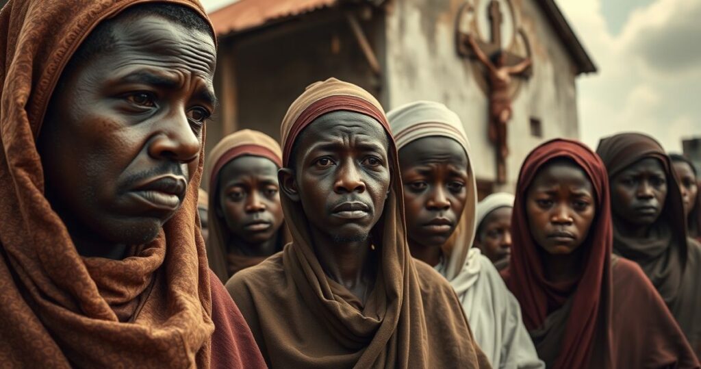 Realistyczne zdjęcie katolickich wiernych doświadczających prześladowań w Nigerii, ukazujące ich odwagę i wiarę w obliczu przemocy.