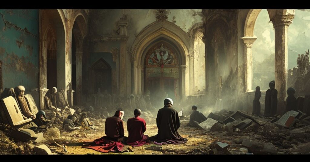 Pokrzywiony kościół katolicki w Nikaragui z wiernymi modlącymi się w ruinach, z wojskiem i zniszczonymi przedmiotami sakralnymi na tle.