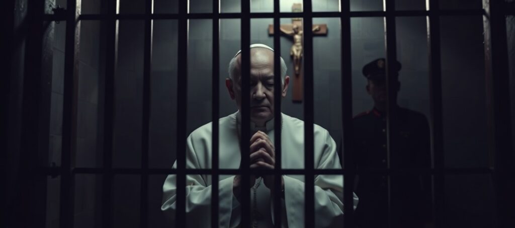 Tradycyjny biskup katolicki w liturgicznych szatach modli się w ciemnej celi chińskiego więzienia podziemnego kościoła