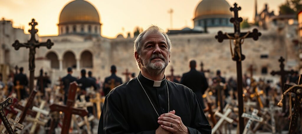 Ks. Giuseppe Gaffurrini modli się przed Grobem Bożym w Jerozolimie, otoczony zniszczonymi symbolami chrześcijańskimi i krzyżami. Scena przedstawia duchową pustkę współczesnego świata.