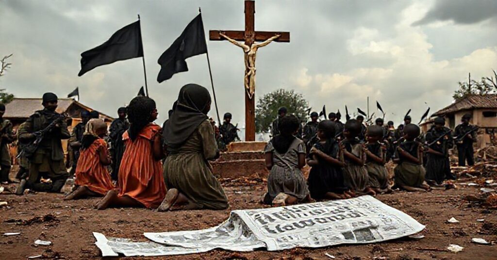 Obraz przedstawiający prześladowanie chrześcijan w Nigerii przez terrorystów ISWAP. Przerażone dzieci modlące się przed krzyżem na tle niszczonego wioski i zbliżających się bojowników.