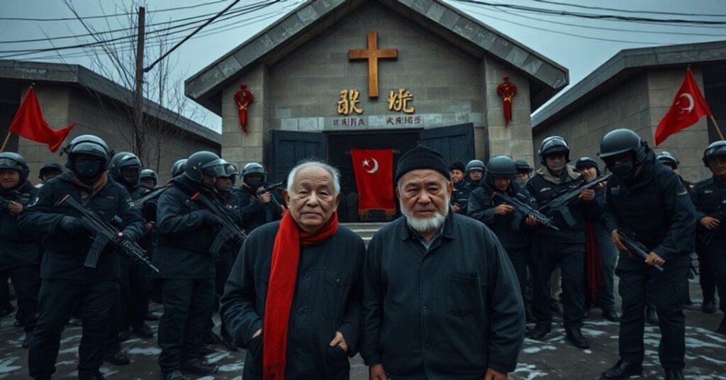 Obraz przedstawiający brutalne prześladowanie chrześcijan w Chinach podczas Bożego Narodzenia 2025 roku. Policja i oddziały SWAT otaczają kościół w Yayang Town, aresztując wiernych. Dwa starsze przywództwo wspólnoty - Lin Enzhao i Lin Enci - stoją dzielnie wobec uzbrojonych funkcjonariuszy.