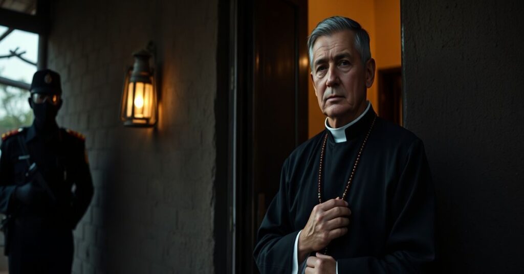 Ksiądz w surpelu stoi przed domem w Nikaragui, otoczony przez policję - symbol prześladowania katolików przez komunistyczny rząd