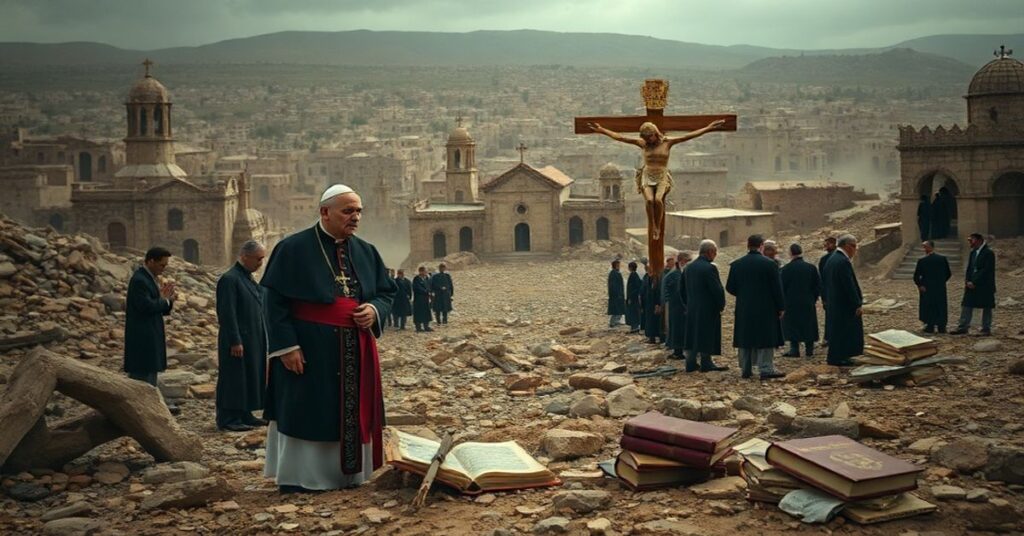 Zdjęcie przedstawiające prześladowanych chrześcijan w Ziemi Świętej z wymienionymi hierarchami stojącymi bezczelnie w tle