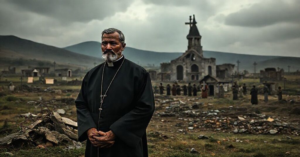 Portret wiernych katolickich prześladowanych za wiarę w różnych krajach z kapłanem tradycjonalistycznym na pierwszym planie.