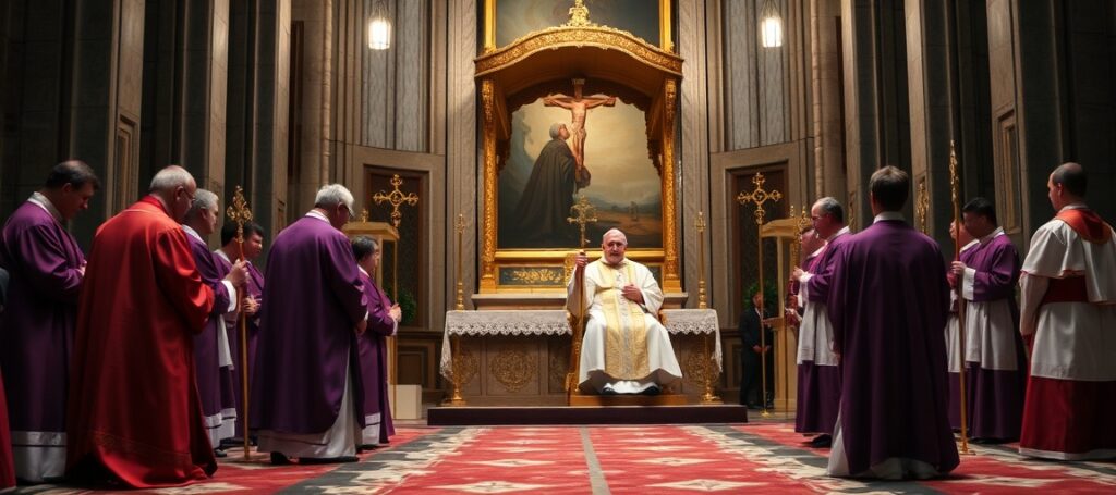 Arcybiskup Andrzej Przybylski klęczący przed antypapieżem Leonem XIV w katedrze podczas Mszy Nowego Rytu – symbol fałszywej jedności i apostazji w Kościele