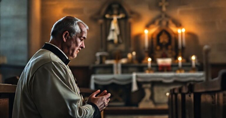 Tradycyjny ksiądz w modlitwie przed tabernakulum w starożytnym kościele, symbolizujący prawdziwe życie zakonne.