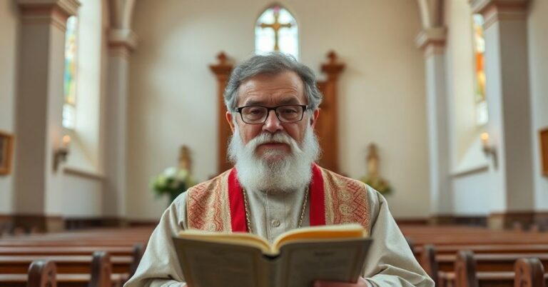 Mężczyzna w tradycyjnym pokoju katolickim rozmyślający nad Biblią przed krzyżem.