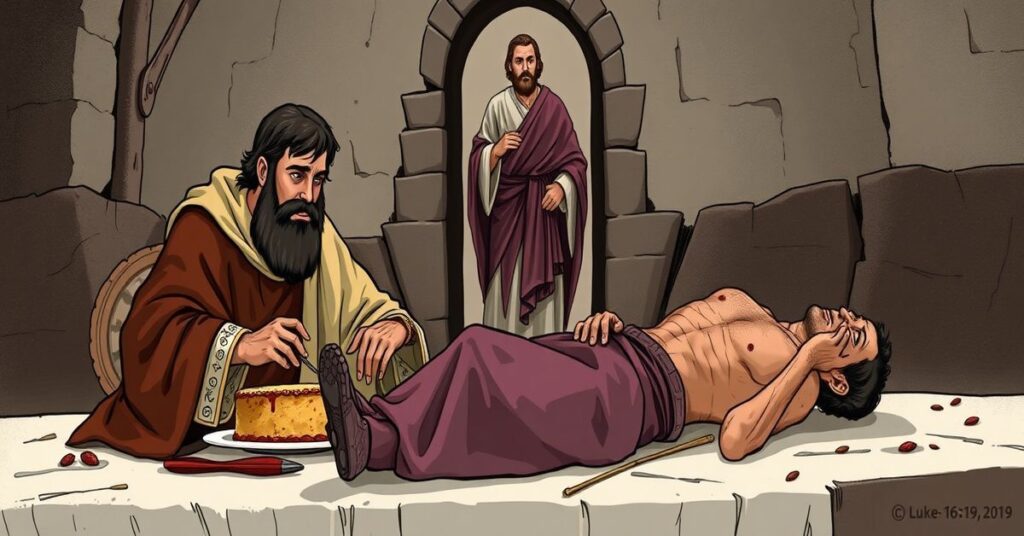 Ilustracja tradycyjnie katolicka przypowieści o bogaczu i Łazarzu. Bogacz w luksusowych szatach czyta bez troski podczas gdy Łazarz leży obolały przy jego bramie.