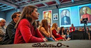 Młode osoby podczas wydarzenia 'Przystanek JP II' w Toruniu z robotem-influencerem na scenie i fałszywym 'świętym' Janem Pawłem II na tle