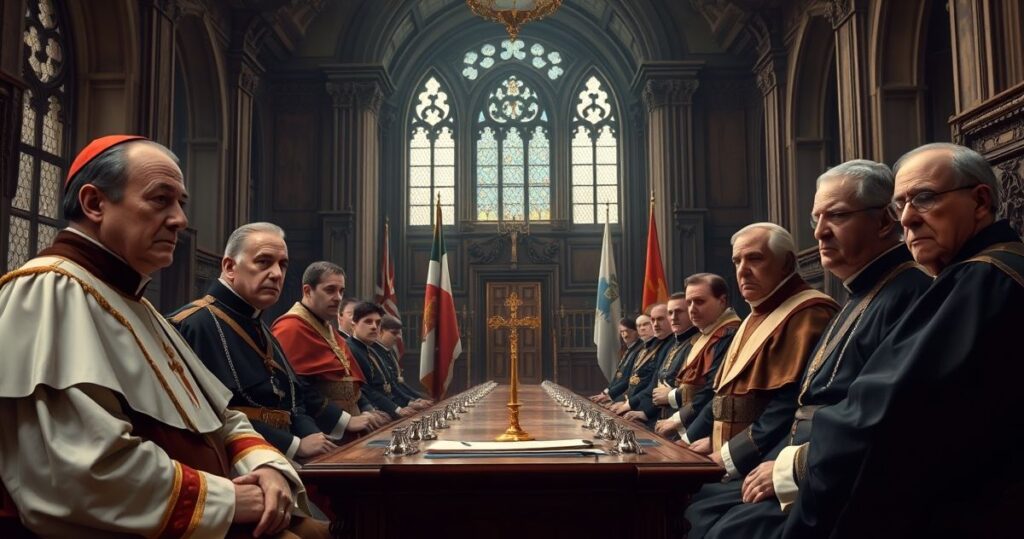 Obraz realistycznego, poważnego przywódców europejskich podczas negocjacji, ukazujący ich w kontekście krytyki apostazji i zdrady Kościoła z perspektywy sedevacantystów