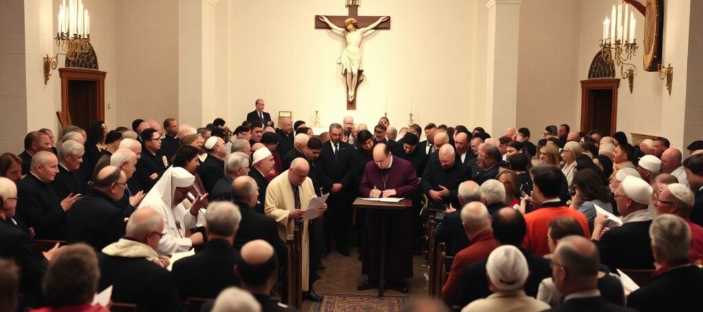 Zgromadzenie ponad 300 przywódców religijnych w Ohio podpisujących list przeciwko karze śmierci w kaplicy katolickiej