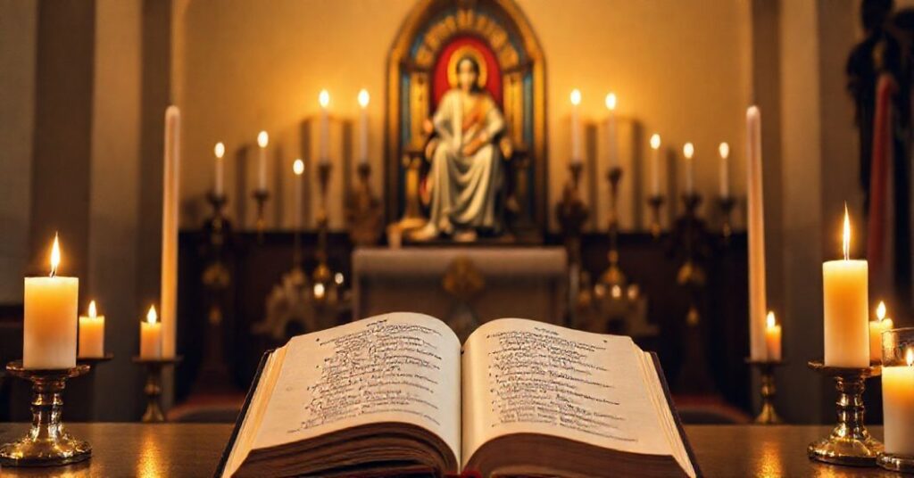 Sobór katolicki z otwartą Biblią wyświetlającą Psalm 24 w otoczeniu tradycyjnych przedmiotów liturgicznych, z tłem Chrystusa Króla, symbolizujący prawdziwą drogę do świętości.