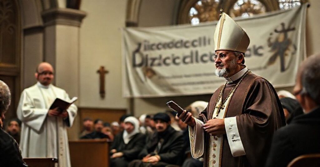 Ksiądz katolicki w tradycyjnych szatach liturgicznych stojący w ciemnym kościele, trzymający księgę nauki Kościoła, podczas gdy modernistyczny "biskup" Janocha w świeckim ubraniu i z niejasnymi symbolami religijnymi przemawia do mieszanej grupy muzułmanów, Żydów i akademików zajmujących się studiami genderowymi.
