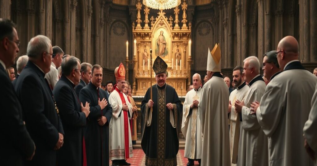 Uroczysta msza w kościele katolickim z udziałem pseudo-biskupa Juliana Wojtkowskiego i modernistycznego duchowieństwa.