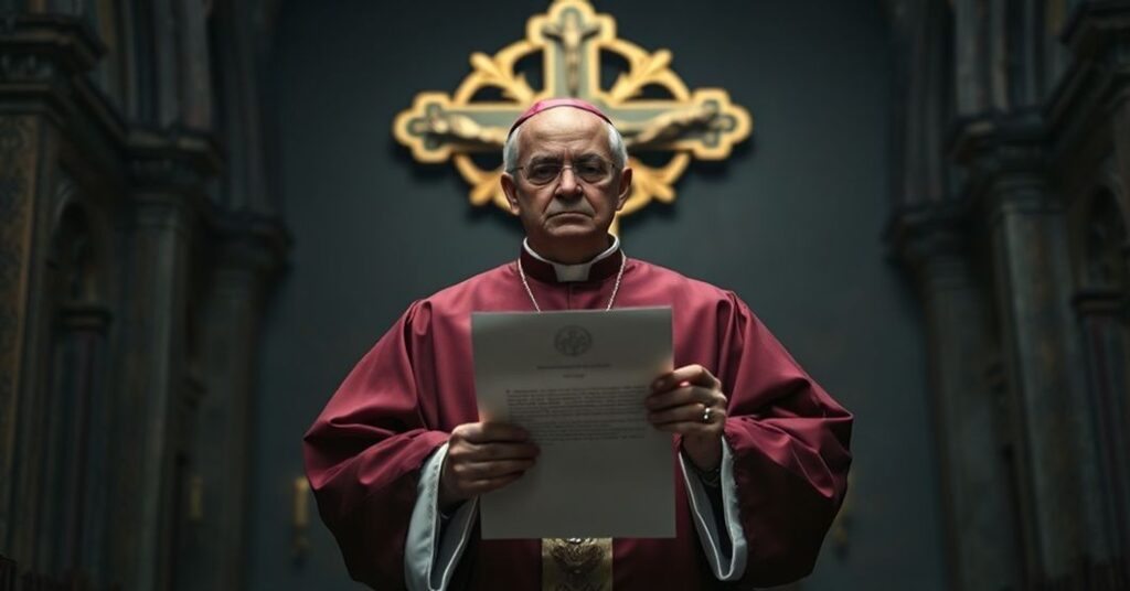 Tradycyjny biskup katolicki w pełnych ornatach, trzymający list do UE z wyraźnym niepokojem na twarzy przed krzyżem na tle gotyckiego wnętrza kościoła.