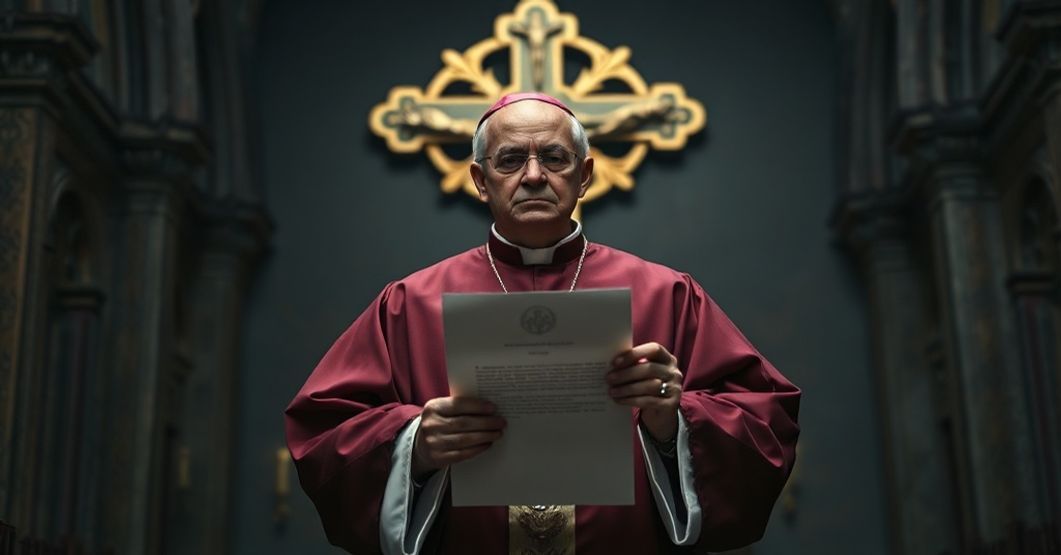 Modernistyczna zdrada misji Kościoła przez pseudo-biskupów COMECE Tradycyjny biskup katolicki w pełnych ornatach, trzymający list do UE z wyraźnym niepokojem na twarzy przed krzyżem na tle gotyckiego wnętrza kościoła.