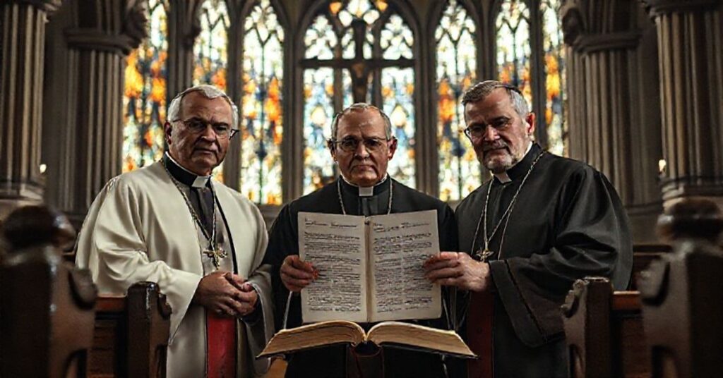 Trzej pseudo-biskupi w Tennessee w katedrze przed otwartą Biblią dyskutują przeciwko karze śmierci