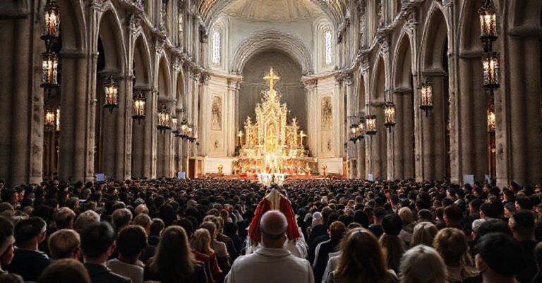 Katedra w Rzeszowie podczas pseudoduszpasterskiego spektaklu "Królewskiej Uczty", presided by Jan Wątroba.