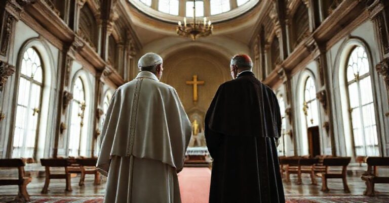 Obraz przedstawiający kontrowersyjne przekazanie władzy w archidiecezji krakowskiej między abp. Markiem Jędraszewskim a kard. Grzegorzem Rysiem.