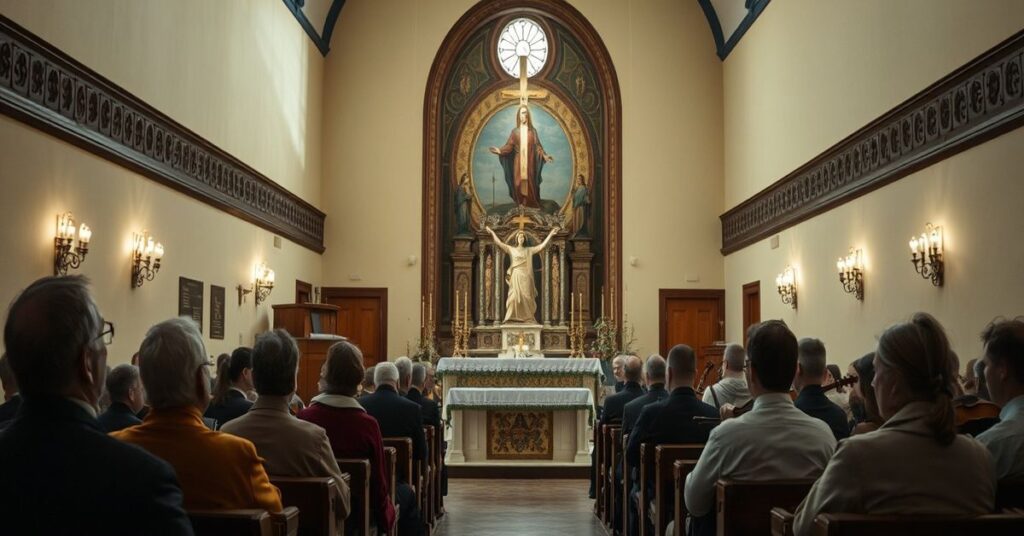 Pobożna medytacja nad Męką Pańską w Gietrzwałdzie z muzyką klasyczną i wystawieniem Najświętszego Sakramentu.