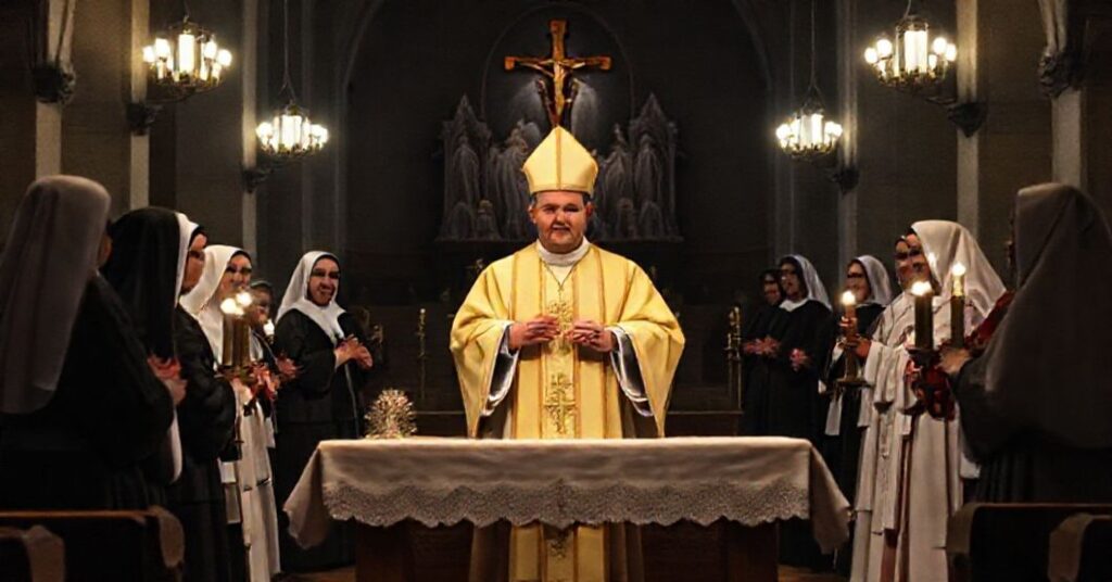 Wizerunek pseudo-konsekracji w Kaliszu z udziałem Łukasza Buzuna i osób konsekrowanych w nowoczesnym kościele