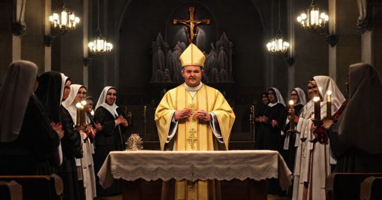 Wizerunek pseudo-konsekracji w Kaliszu z udziałem Łukasza Buzuna i osób konsekrowanych w nowoczesnym kościele