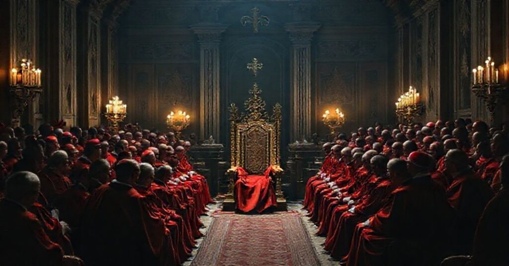 Pseudo-kardynałowie zebrani na teatralnej sesji synodalnej z anty-papieżem Leonem XIV w Watykanie.