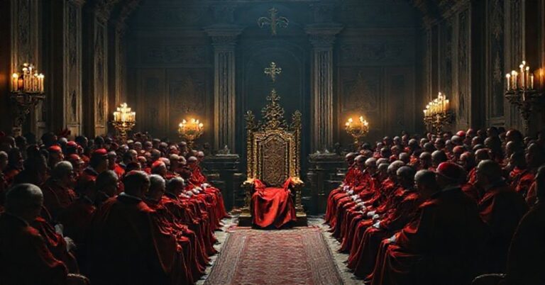 Pseudo-kardynałowie zebrani na teatralnej sesji synodalnej z anty-papieżem Leonem XIV w Watykanie.