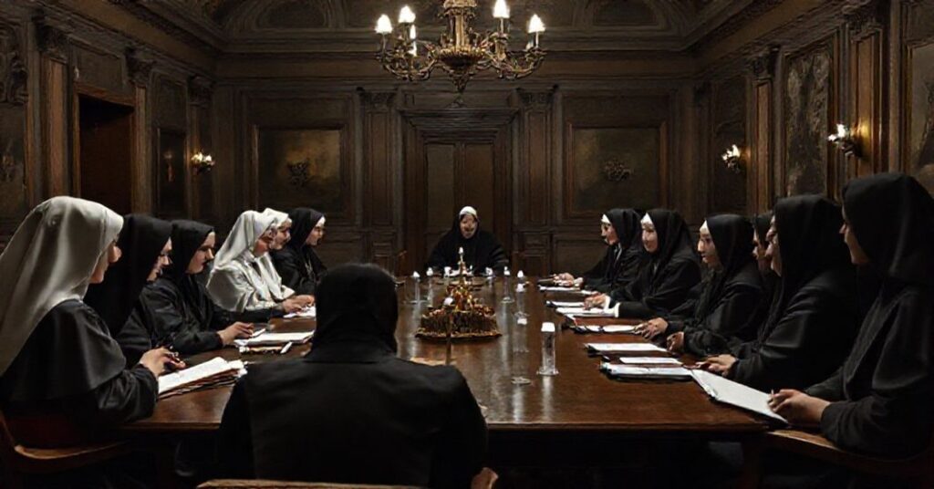 Scena w Palazzo Maffei Marescotti w Rzymie przedstawiająca spotkanie pseudo-teologiczne pseudo-kościoła z udziałem zakonnic i modernistycznych duchownych.