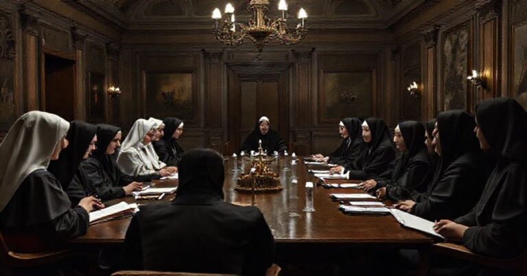 Scena w Palazzo Maffei Marescotti w Rzymie przedstawiająca spotkanie pseudo-teologiczne pseudo-kościoła z udziałem zakonnic i modernistycznych duchownych.